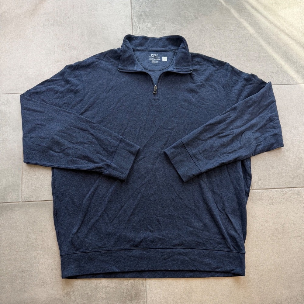 Polo Ralph Lauren Mens XXL Navy Blue Herringbone Quarter Zip Pullover Sweater
